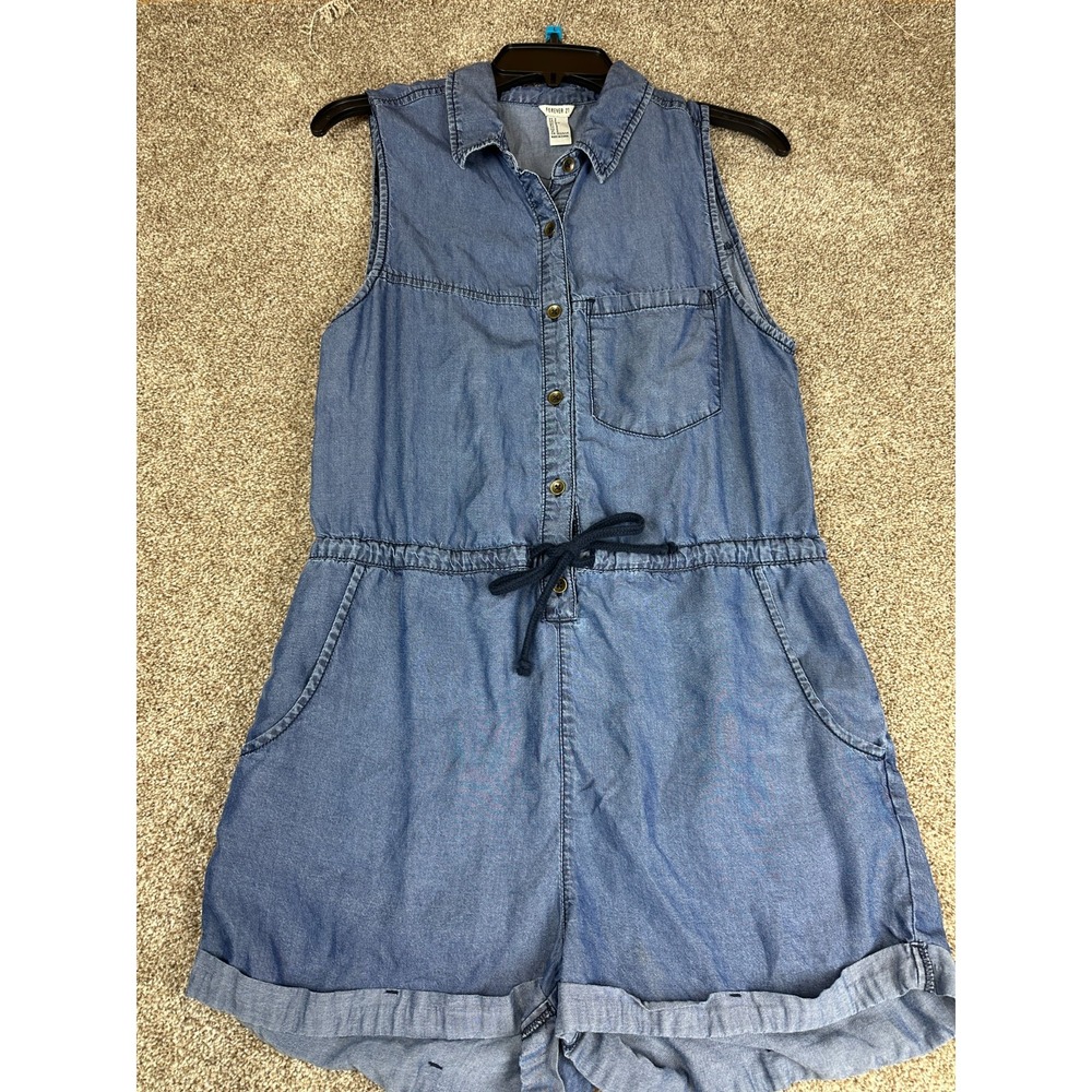 Forever 21 Women's Blue Size Small Chambray Denim Romper Shorts Casual Buttons